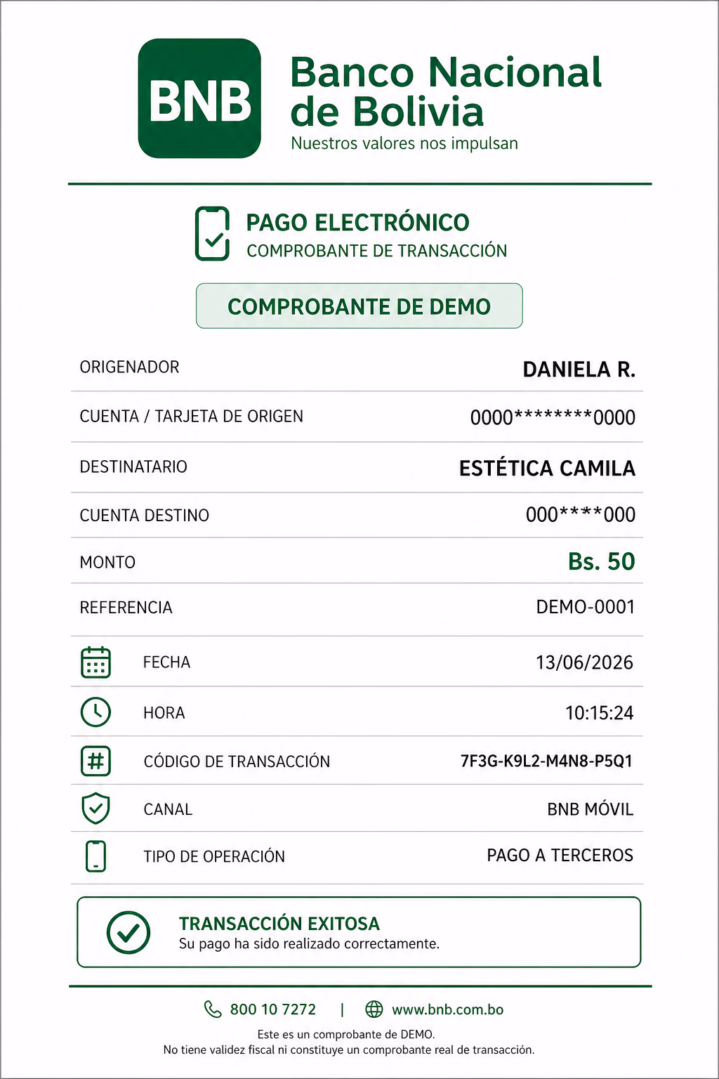Comprobante bancario de demostración por Bs 50, sin datos personales reales