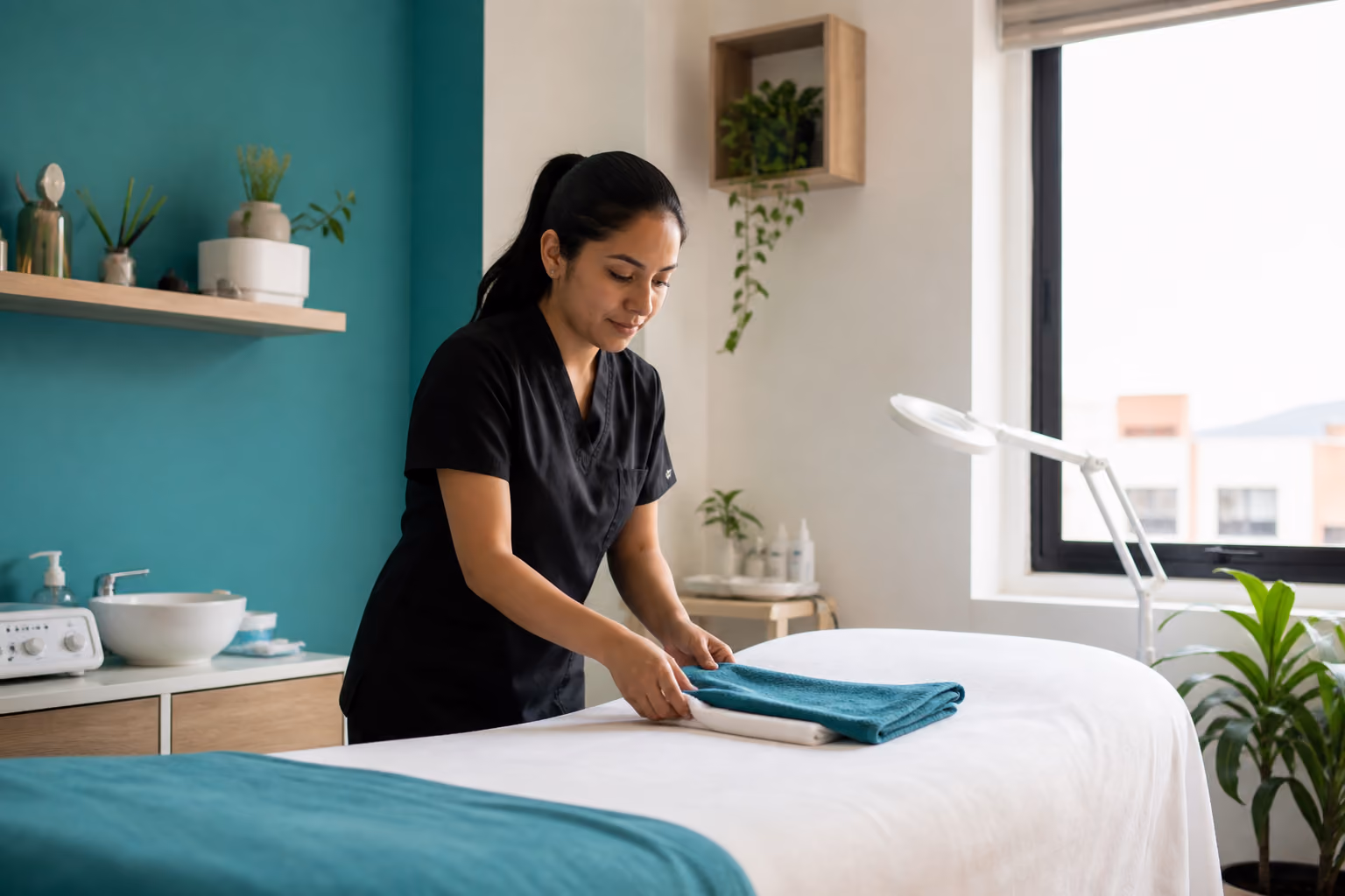 Profesional preparando una cabina en un centro de estética