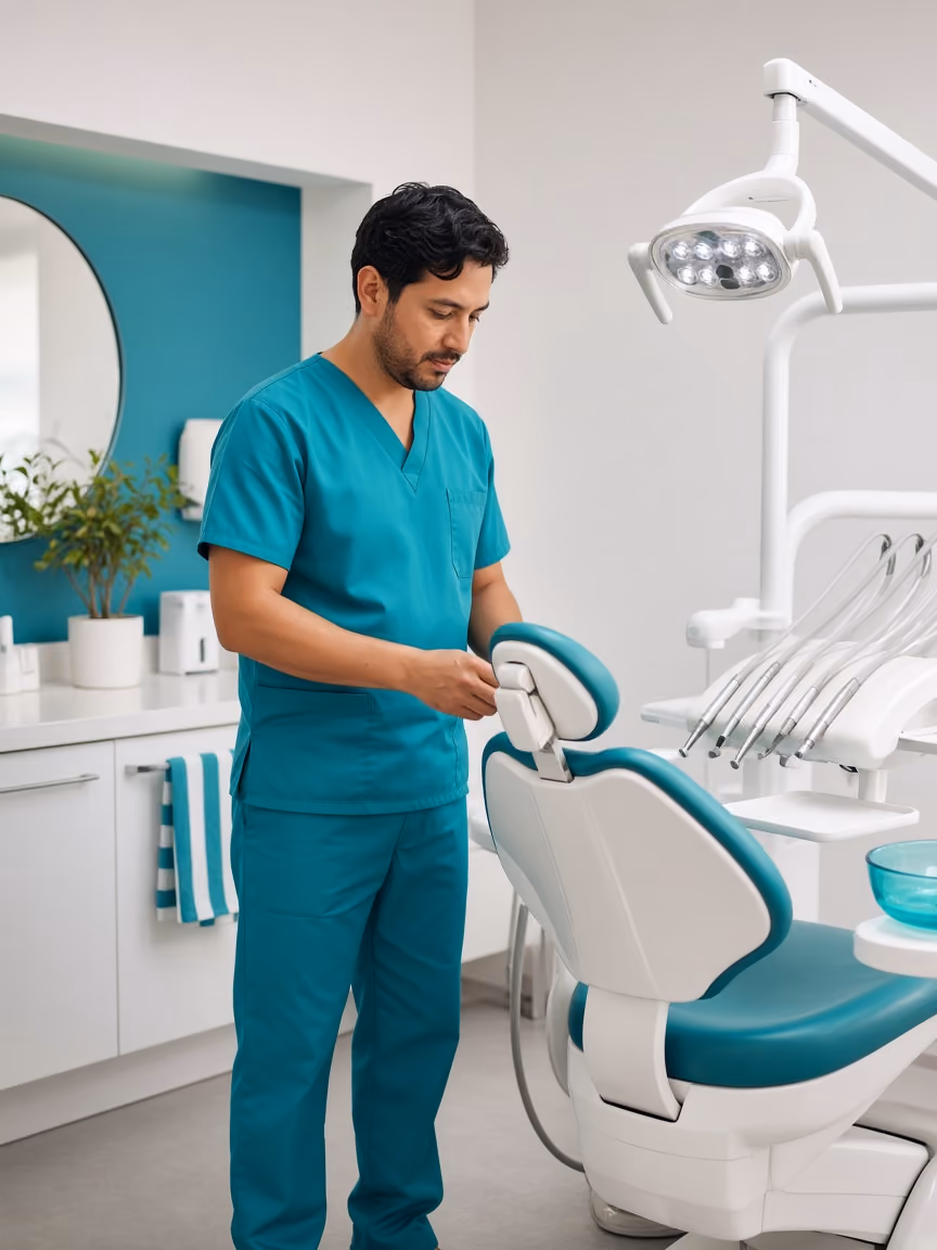 Dentista preparando un consultorio odontológico