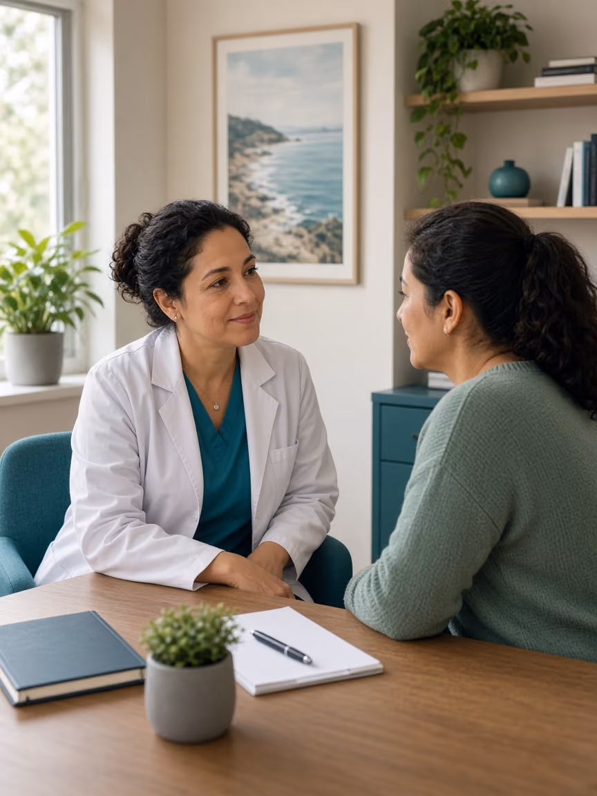 Doctora conversando con una paciente en su consultorio