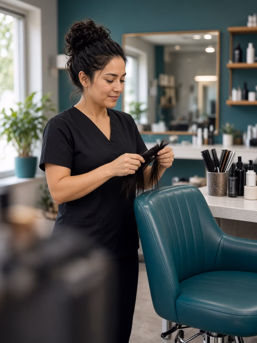 Estilista preparando su espacio en un salón de belleza